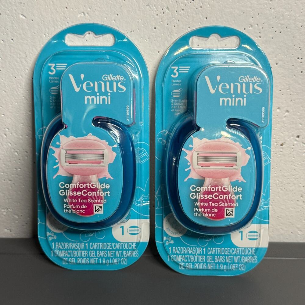 Gillette Venus Mini ComfortGlide Women Razor White Tea Travel Case 3 Blade Lot 2